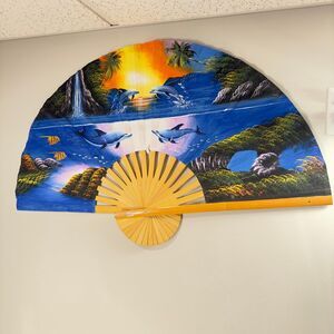 Large Coastal Wooden Fan A pair of Dolphins playfully swimming